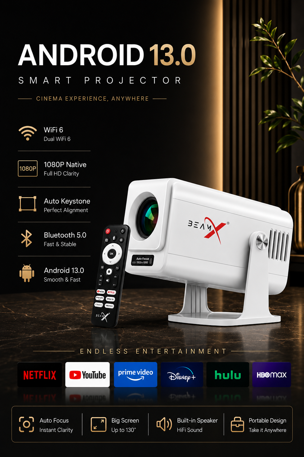 BeamX Thunder Pro Smart Projector | Native 1080p Full HD, 4K Supported | Auto Focus | Android 13 | WiFi 6 & Bluetooth | Built-in Speaker | Home Theater | 2-Year Warranty - Image 2