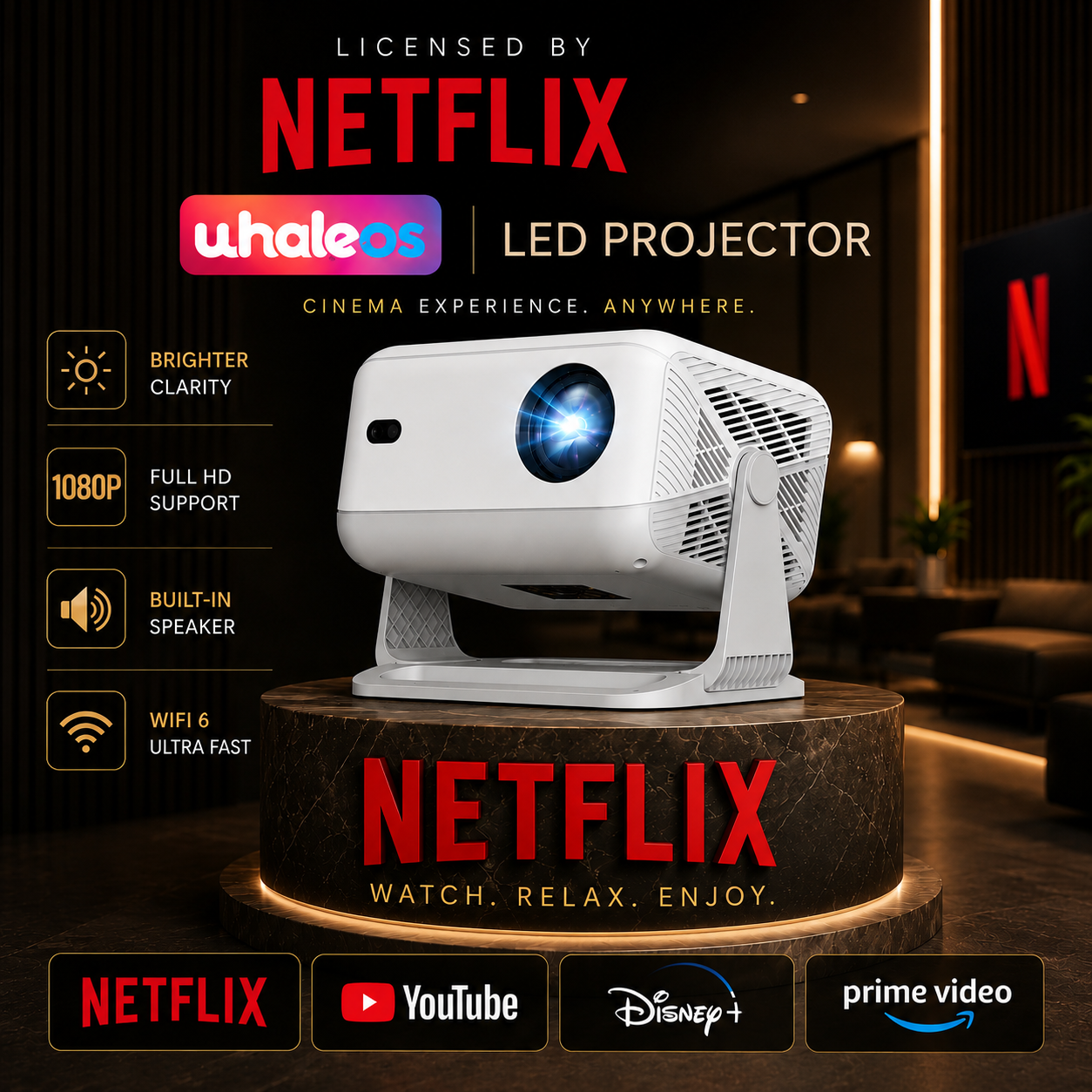 BeamX Shark Projector, 2 Year Warranty, All Certified App, Android 13 Whale OS, 4K HDR, Dolby Audio, 18000 lm Brightness, ChatGPT Integrated, 5W Speaker, Intelligent Image Correction, All OTT App - Image 2