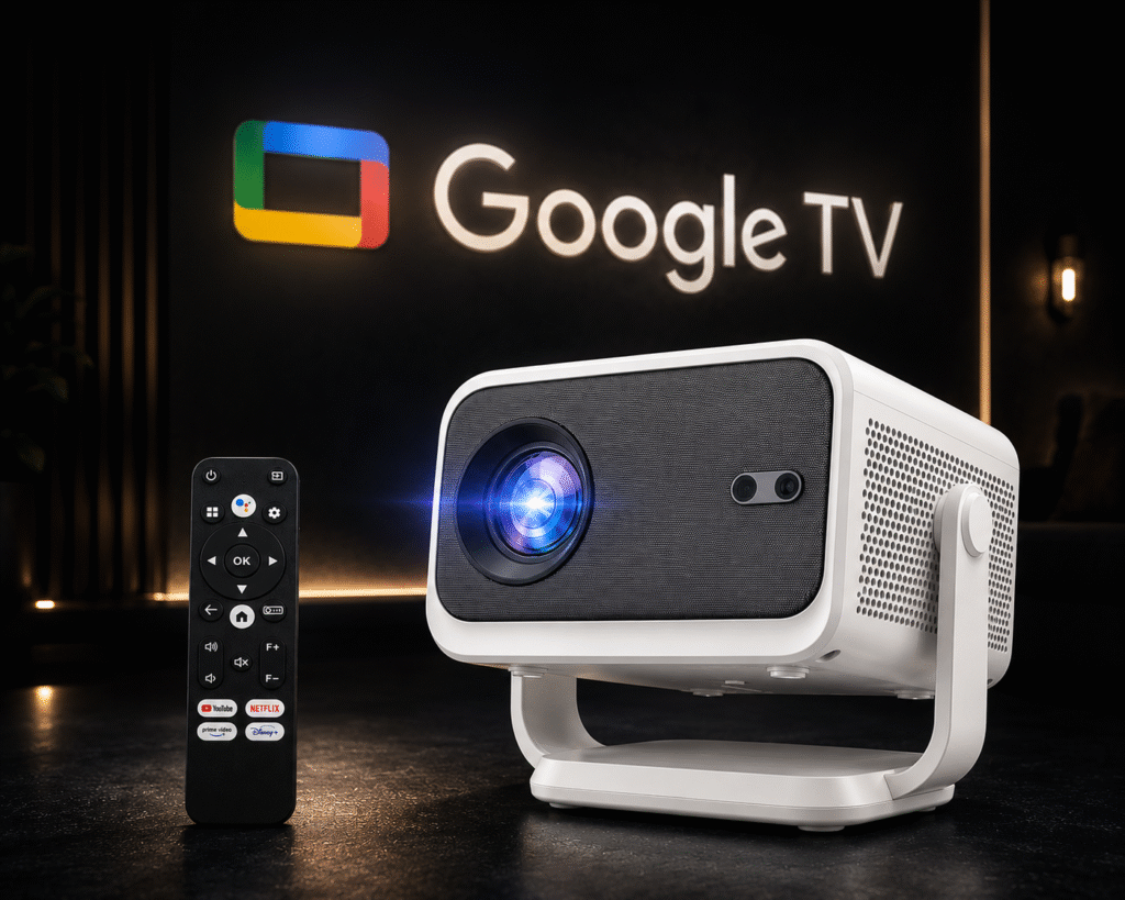 Neo GTV Smart Android Projector 4K Ultra HD Support with 1080P Native, 20000 Lumens, Auto Focus, Auto Keystone, WiFi 6 Bluetooth 5.4, Google TV, 270 Degree Rotatable Home Projector