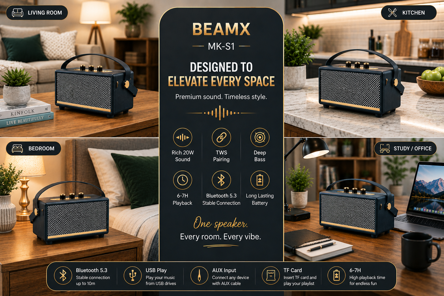 MK-S1 Portable Wireless Bluetooth Speaker with Wooden Leather Finish, Deep Bass, TWS, USB AUX TF Support, Bluetooth 5.4, Indoor Outdoor Speaker with Carry Strap - Image 2