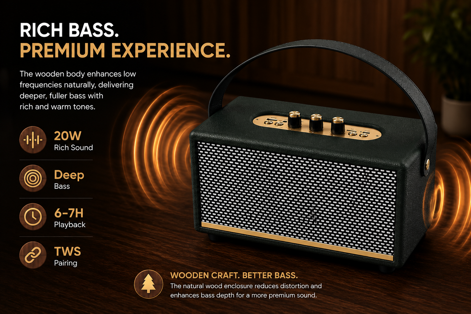 MK-S1 Portable Wireless Bluetooth Speaker with Wooden Leather Finish, Deep Bass, TWS, USB AUX TF Support, Bluetooth 5.4, Indoor Outdoor Speaker with Carry Strap - Image 4
