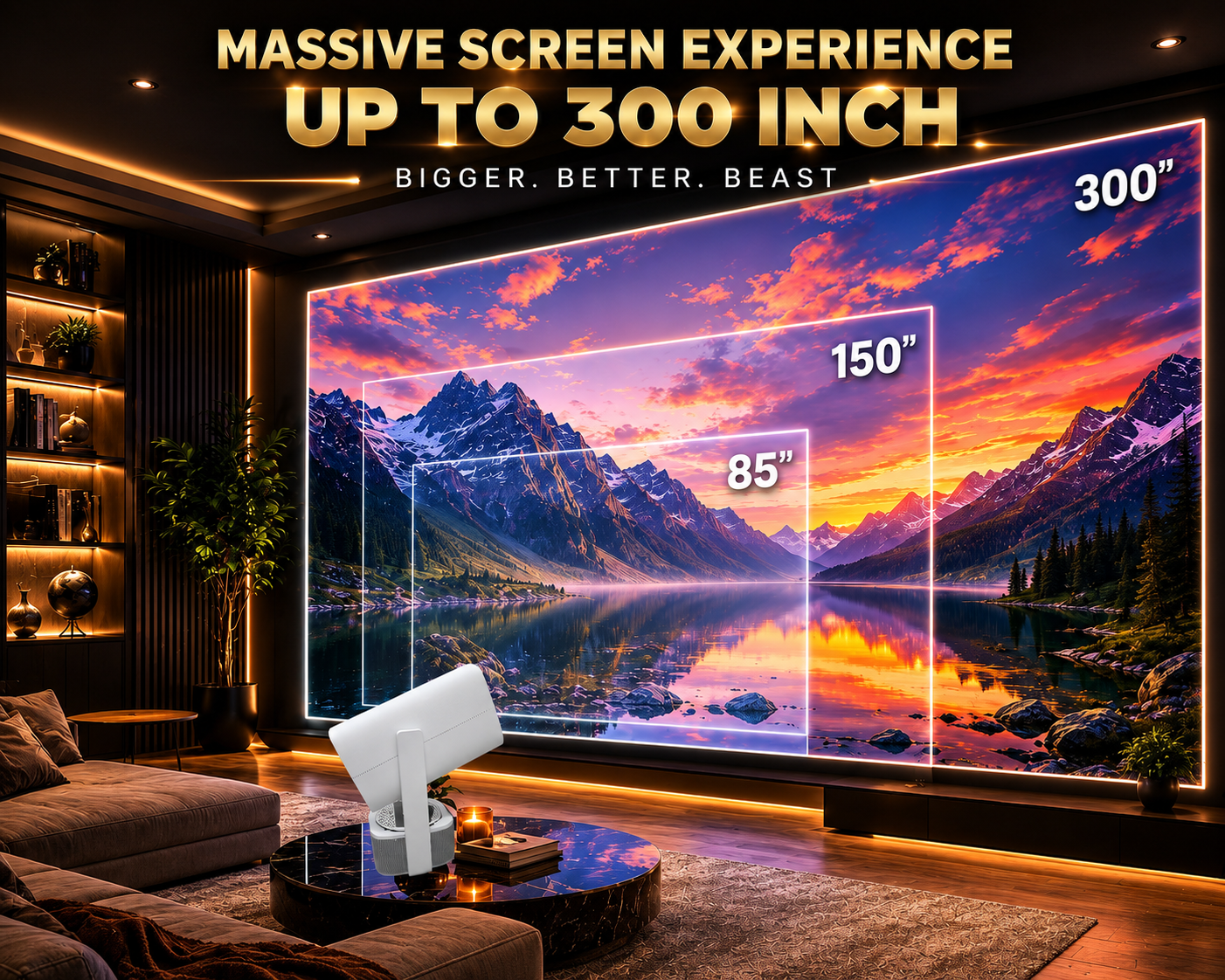 BEAST Android Smart Projector | 1080P Native 4K HDR Support | 15000 Lumens Brightest | Loudest 10W Speaker | Upto 300 inch screen | Ambient Lighting | Dual WiFi | BT5.4 | Free Carry Bag - Image 3