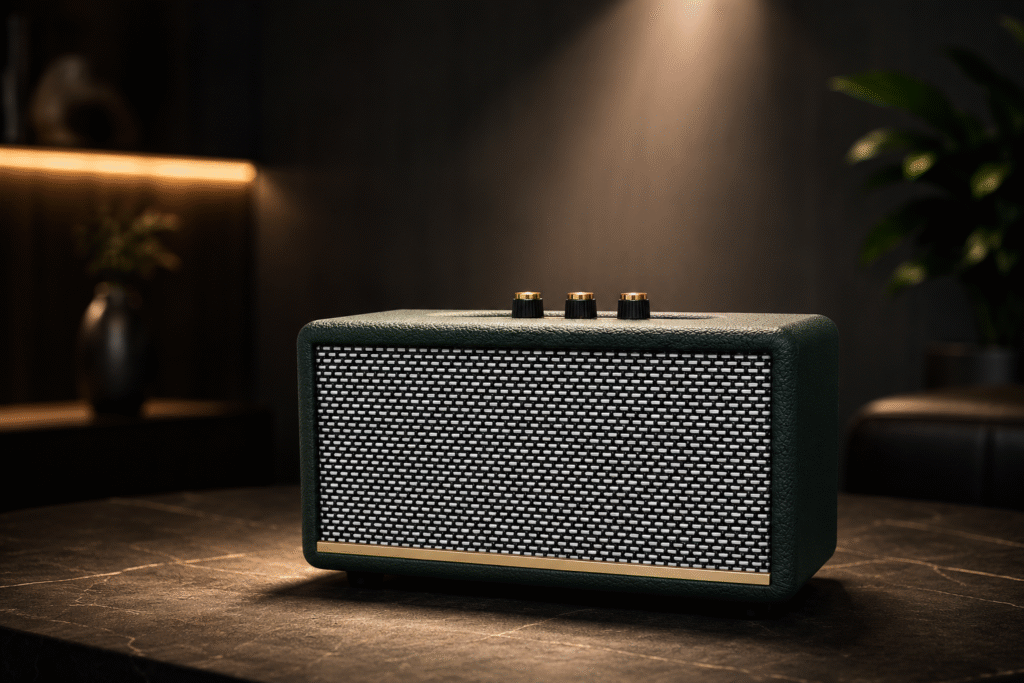 MK-S1 Portable Wireless Bluetooth Speaker with Wooden Leather Finish, Deep Bass, TWS, USB AUX TF Support, Bluetooth 5.4, Indoor Outdoor Speaker with Carry Strap