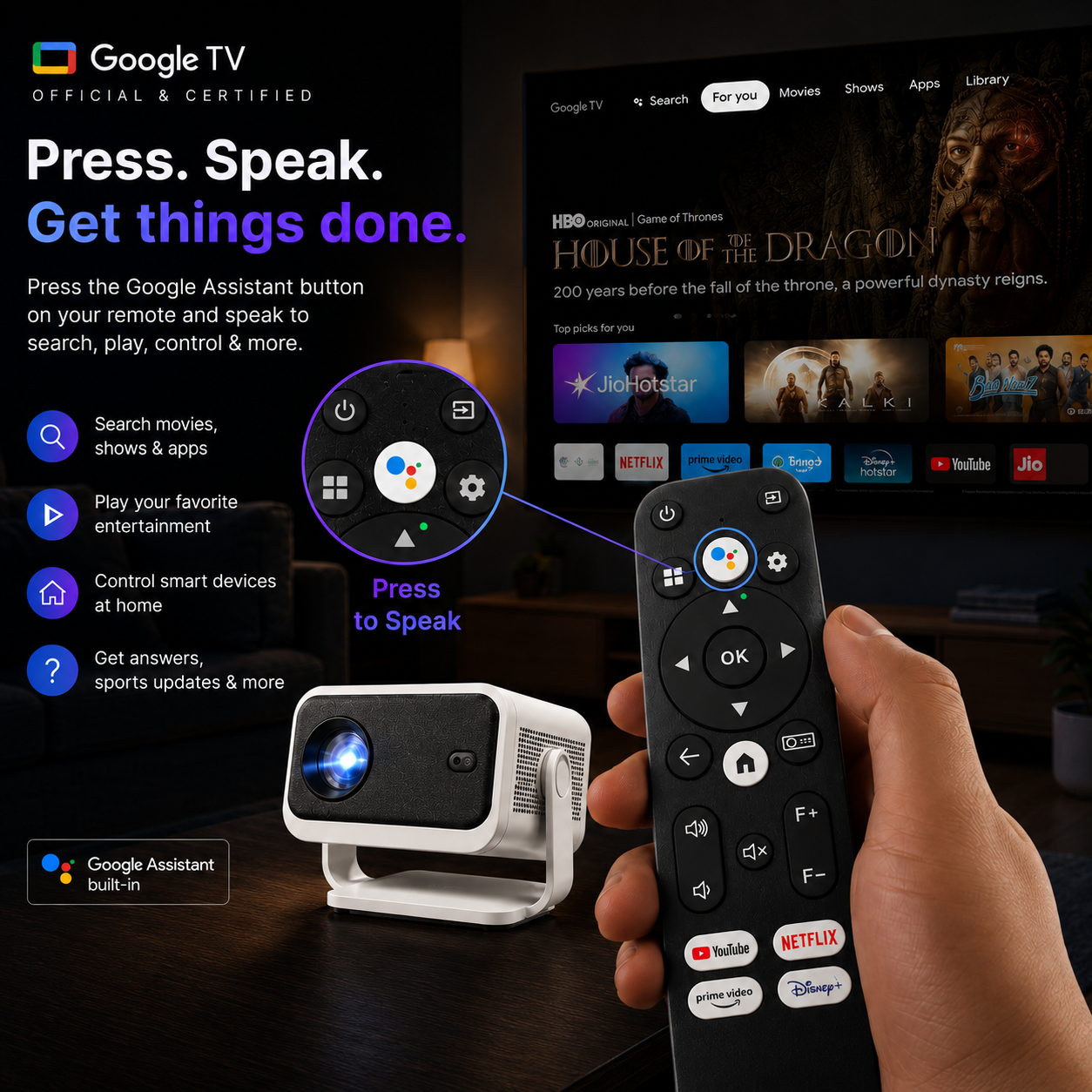 Neo GTV Smart Android Projector 4K Ultra HD Support with 1080P Native, 20000 Lumens, Auto Focus, Auto Keystone, WiFi 6 Bluetooth 5.4, Google TV, 270 Degree Rotatable Home Projector - Image 6