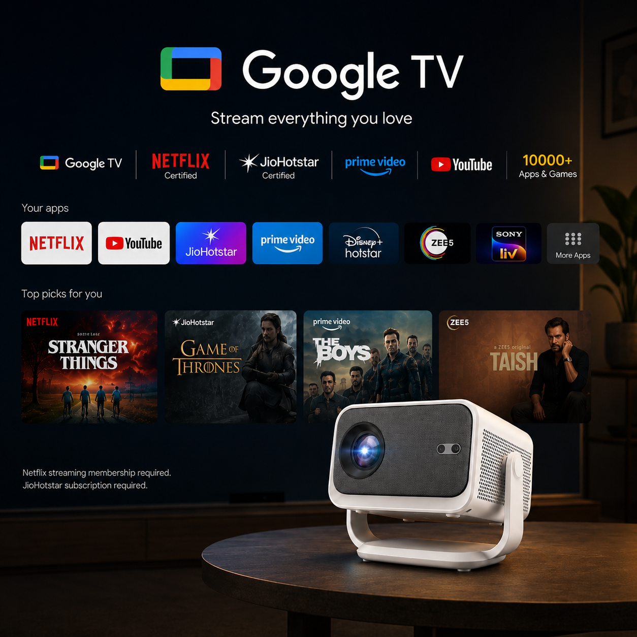 Neo GTV Smart Android Projector 4K Ultra HD Support with 1080P Native, 20000 Lumens, Auto Focus, Auto Keystone, WiFi 6 Bluetooth 5.4, Google TV, 270 Degree Rotatable Home Projector - Image 7