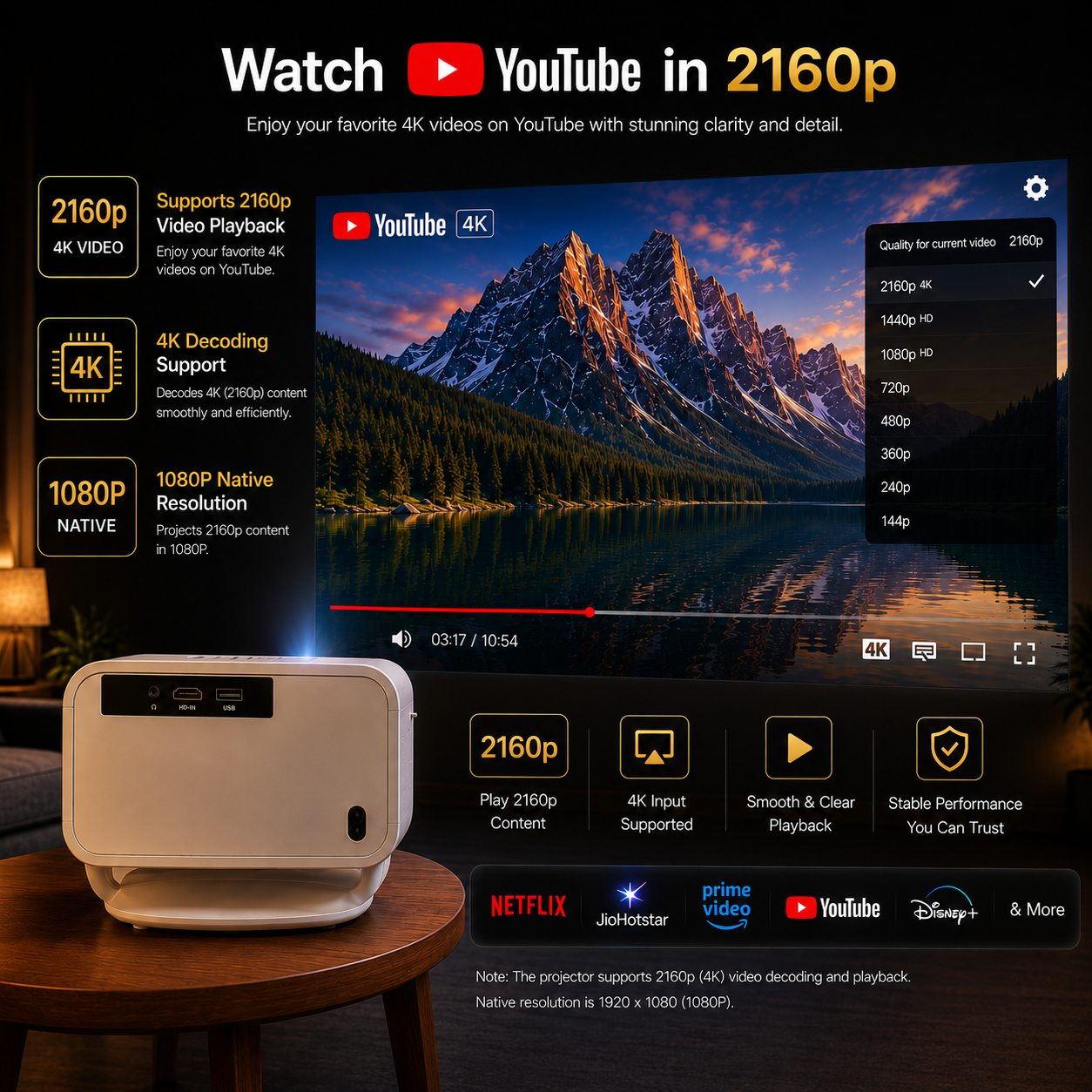Neo GTV Smart Android Projector 4K Ultra HD Support with 1080P Native, 20000 Lumens, Auto Focus, Auto Keystone, WiFi 6 Bluetooth 5.4, Google TV, 270 Degree Rotatable Home Projector - Image 8