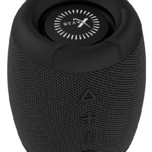 Compact black cylindrical portable speaker