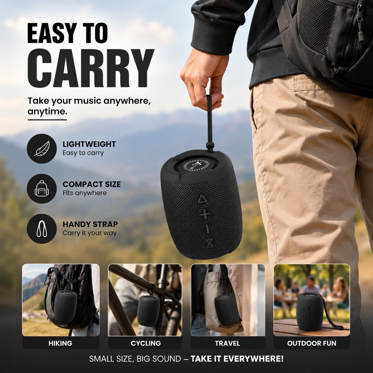 RoarX portable speaker with handy strap for easy carrying