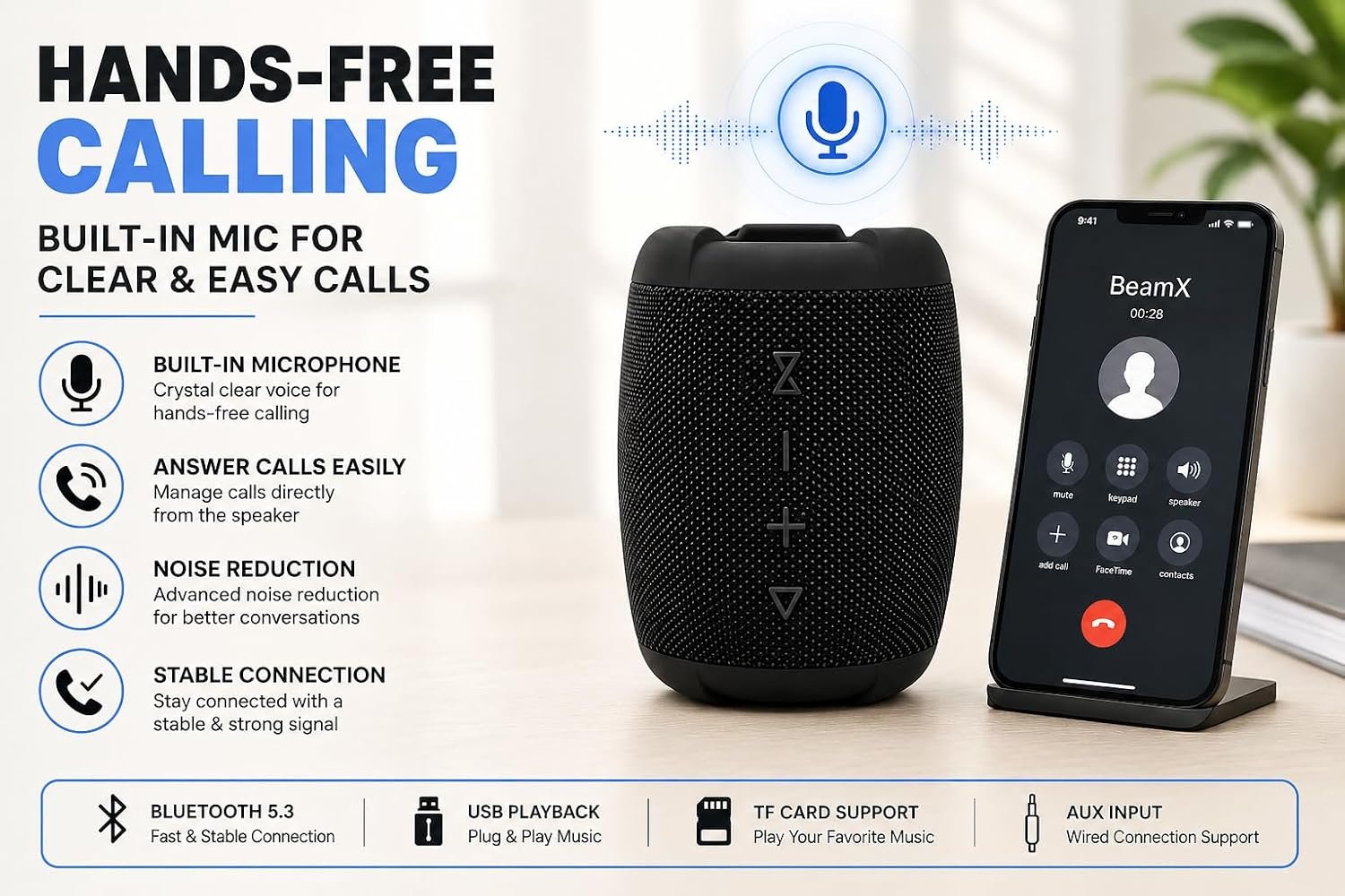 RoarX portable speaker with built-in microphone for hands-free calling