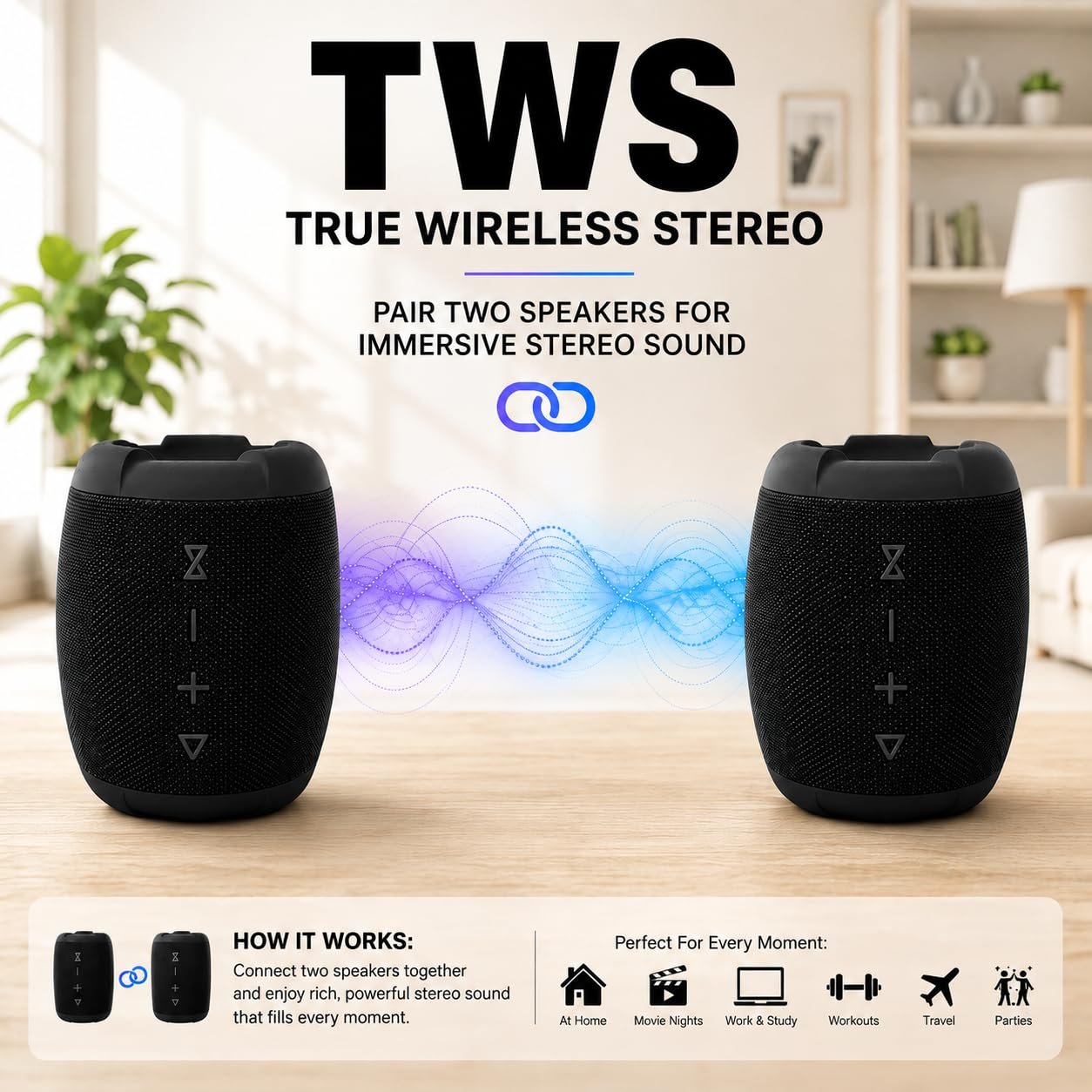 Roarx speakers paired with TWS True Wireless Stereo for immersive sound